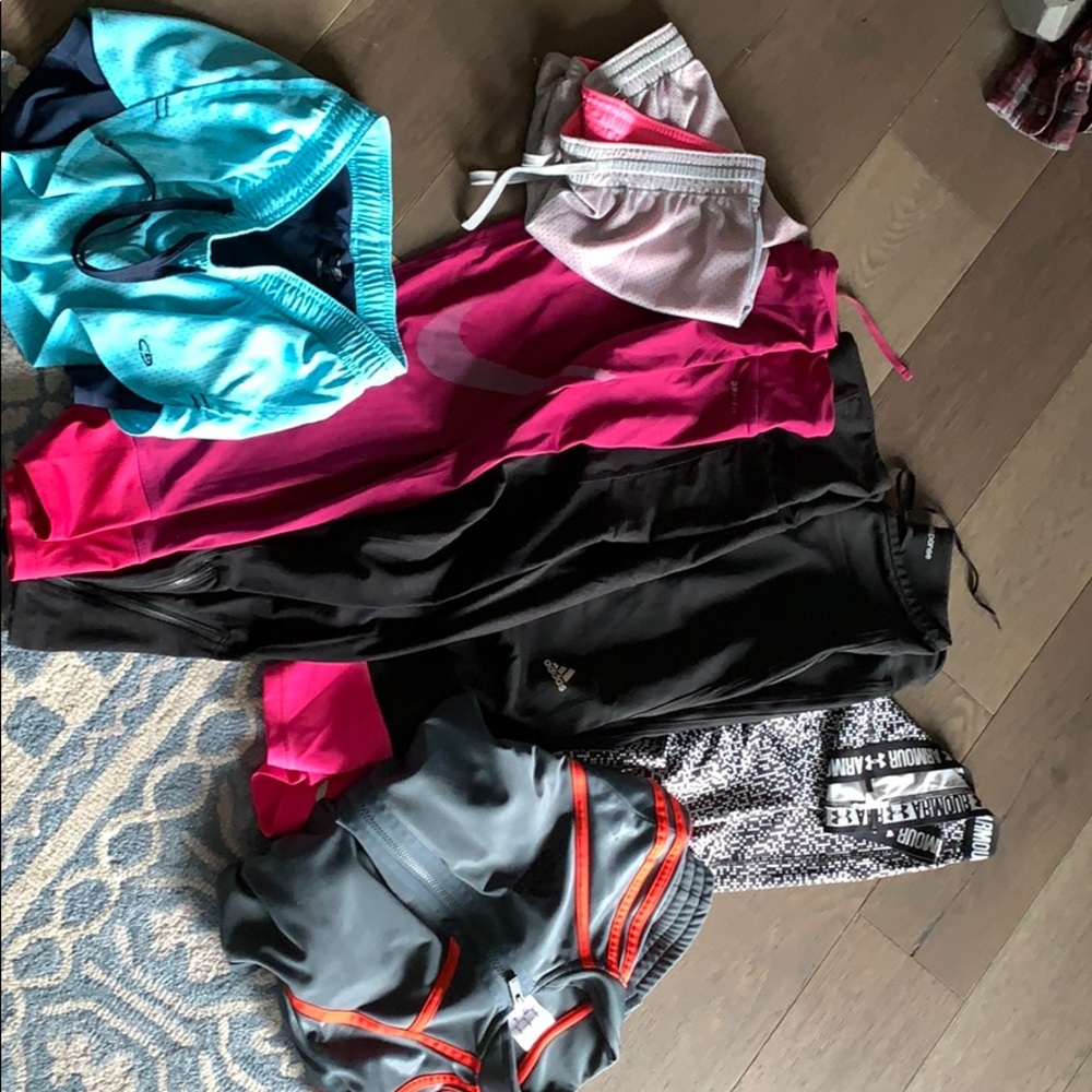 4 leggings. Adidas track jacket. 2 shorts.